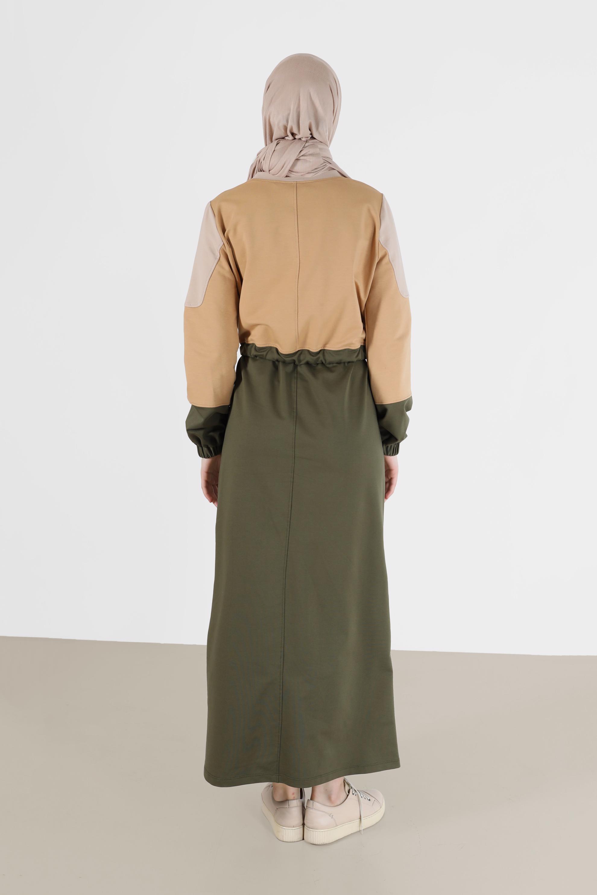 Hijab clothing KHAKI GATHERED WAIST SLOGAN PRINT TRACKSUIT DRESS 42272 