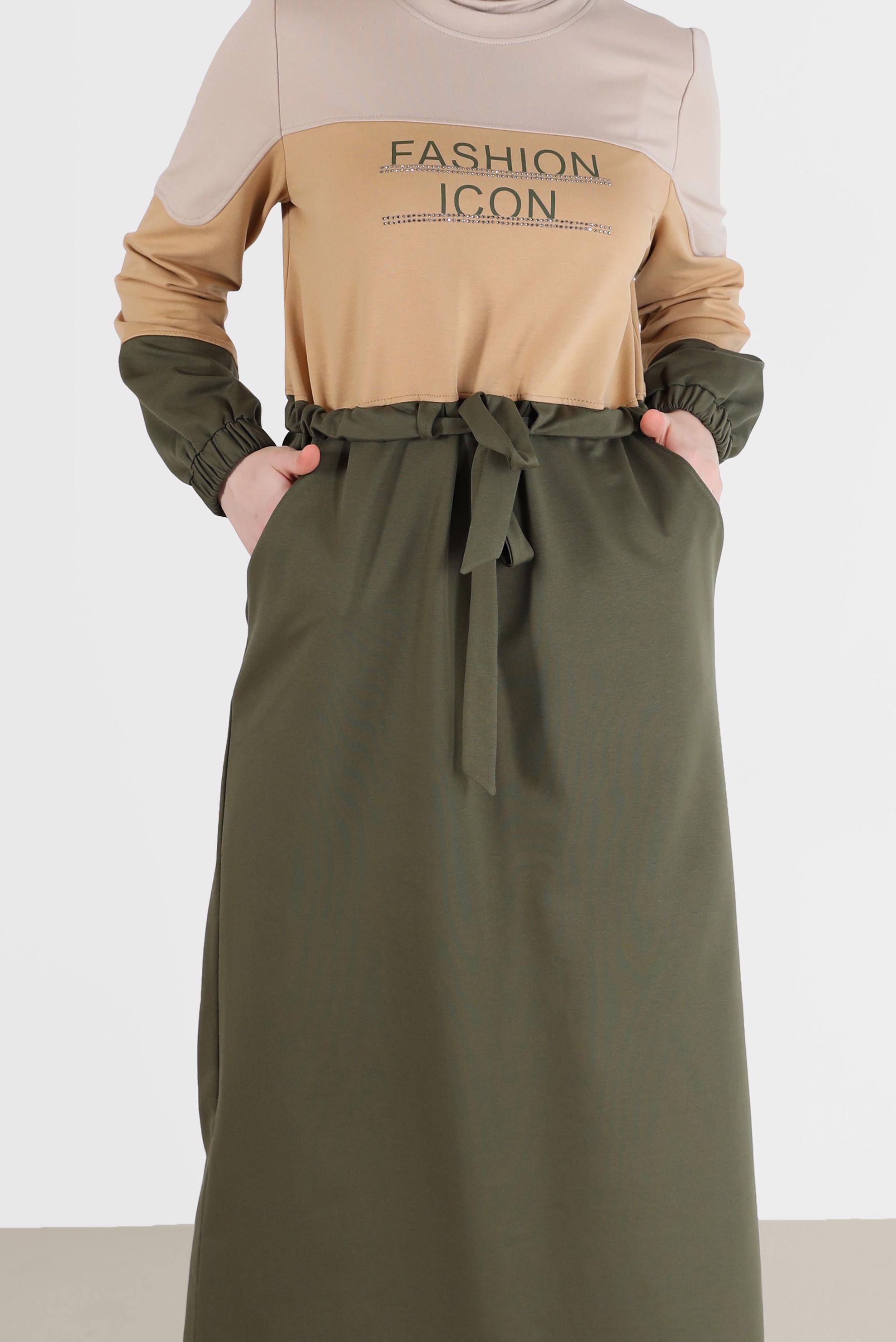 Hijab clothing KHAKI GATHERED WAIST SLOGAN PRINT TRACKSUIT DRESS 42272 