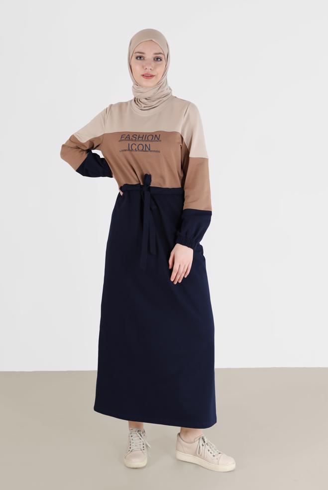 Vêtements hijab BLEU MARINE ROBE DE SURVÊTEMENT IMPRIMÉ SLOGAN TAILLE FRONCÉE 42272 - ALVİNA