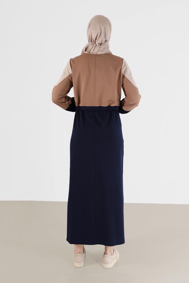 Vêtements hijab BLEU MARINE ROBE DE SURVÊTEMENT IMPRIMÉ SLOGAN TAILLE FRONCÉE 42272 - ALVİNA