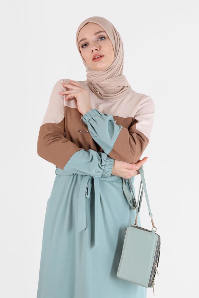 Vêtements hijab BLEU ROBE DE SURVÊTEMENT IMPRIMÉ SLOGAN TAILLE FRONCÉE 42272 - ALVİNA