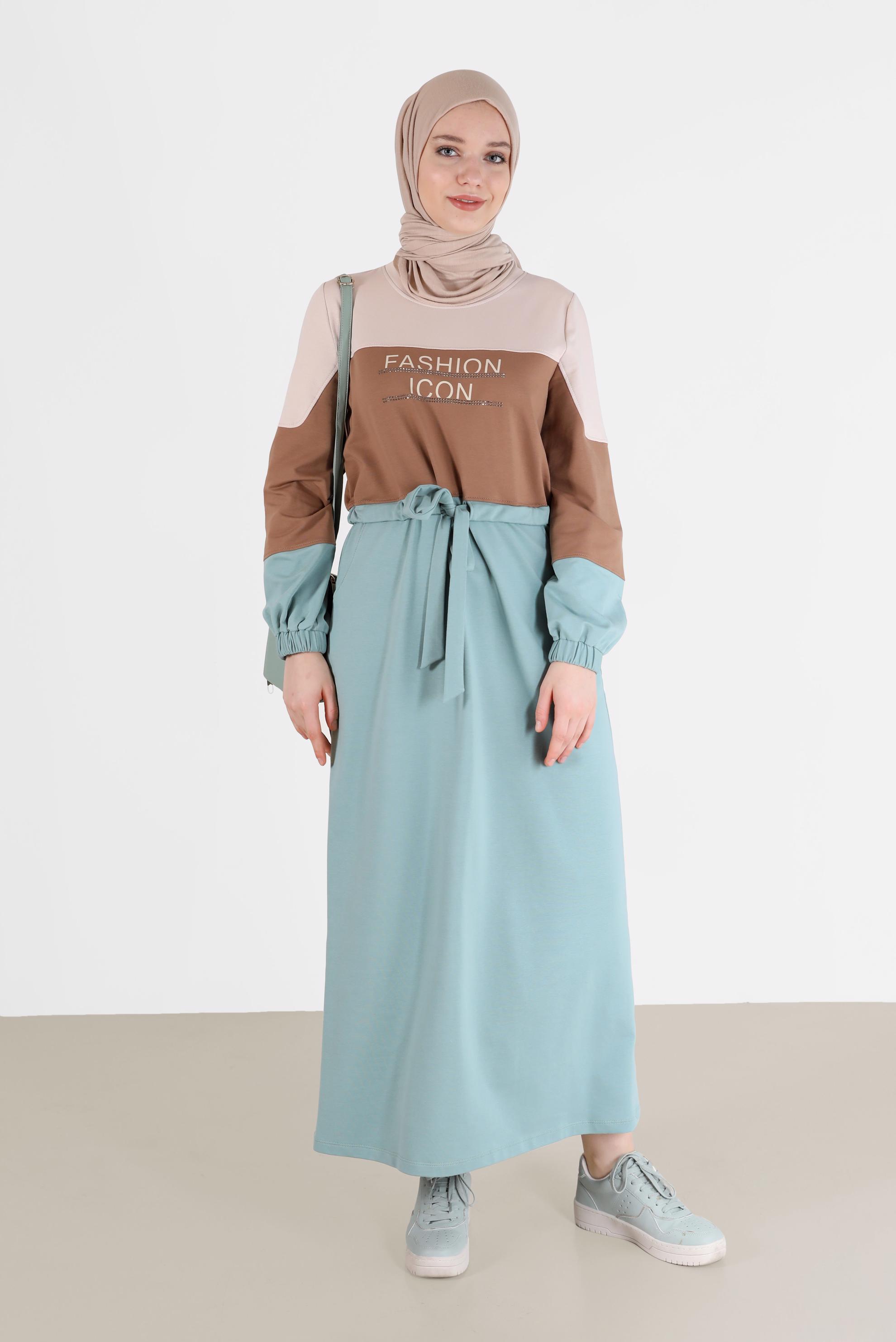 Hijab clothing BLUE GATHERED WAIST SLOGAN PRINT TRACKSUIT DRESS 42272 