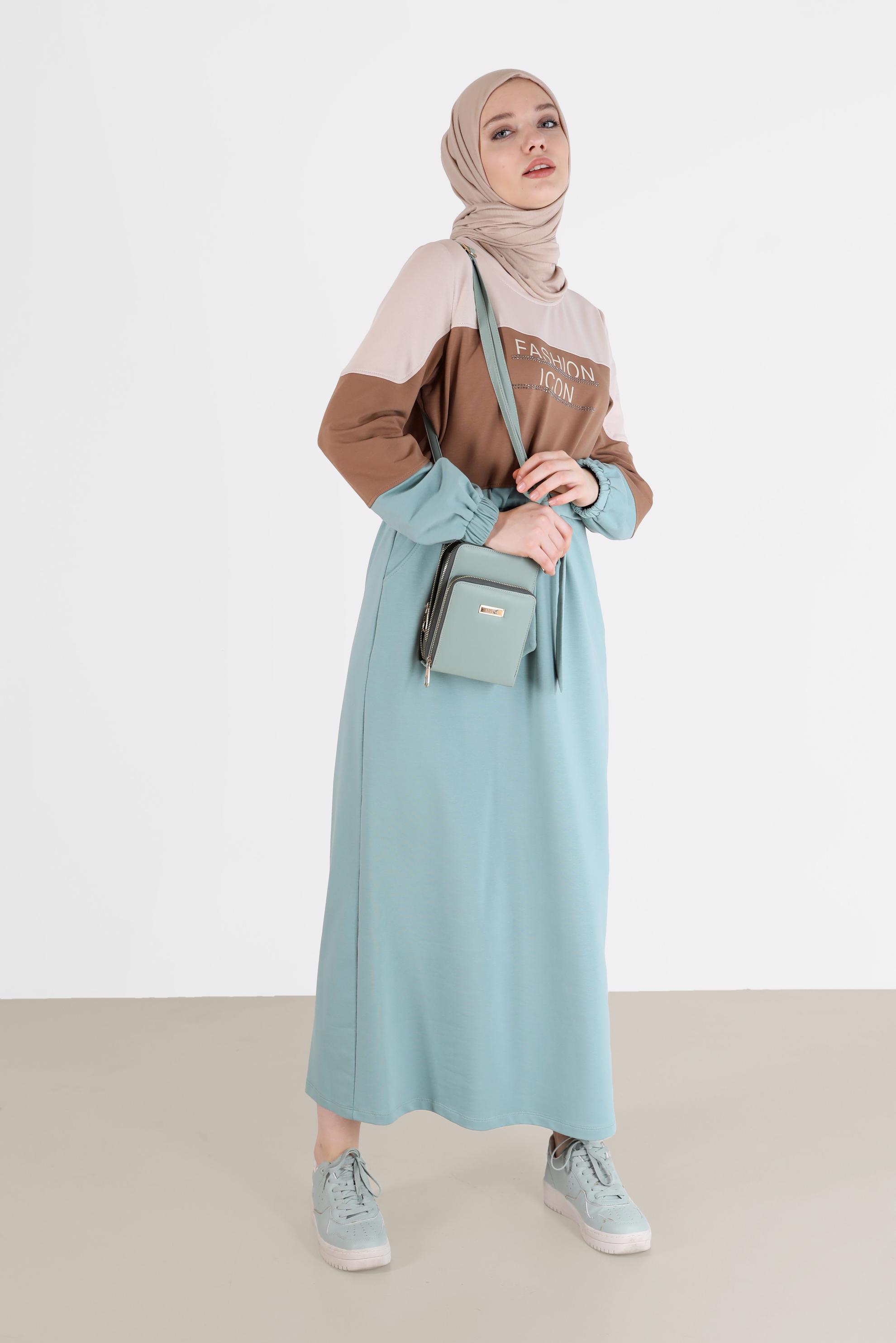 Hijab clothing BLUE GATHERED WAIST SLOGAN PRINT TRACKSUIT DRESS 42272 