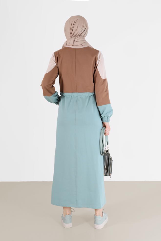 Vêtements hijab BLEU ROBE DE SURVÊTEMENT IMPRIMÉ SLOGAN TAILLE FRONCÉE 42272 - ALVİNA