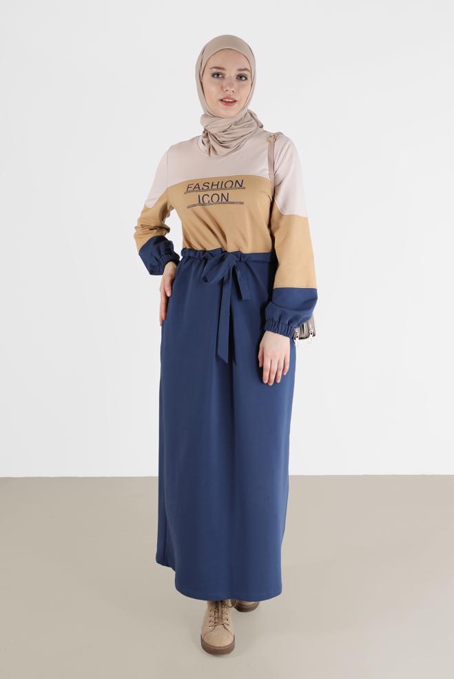 Vêtements hijab BLEU MARINE ROBE DE SURVÊTEMENT IMPRIMÉ SLOGAN TAILLE FRONCÉE 42272 - ALVİNA