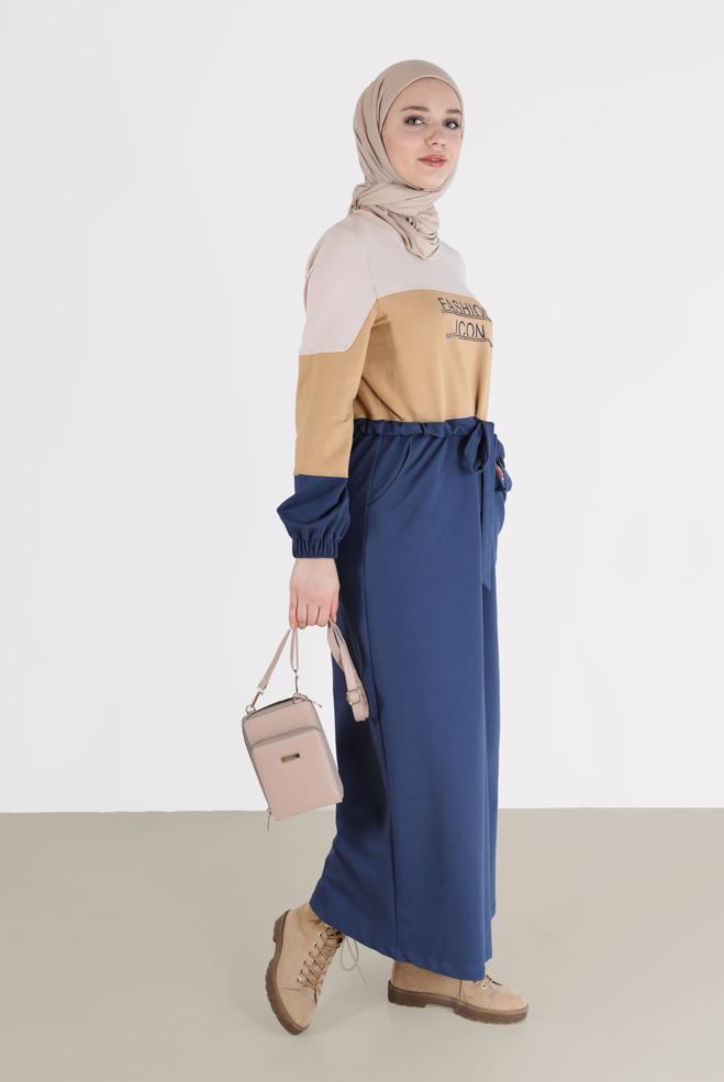 Vêtements hijab BLEU MARINE ROBE DE SURVÊTEMENT IMPRIMÉ SLOGAN TAILLE FRONCÉE 42272 - ALVİNA