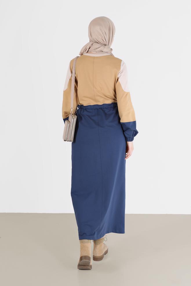 Vêtements hijab BLEU MARINE ROBE DE SURVÊTEMENT IMPRIMÉ SLOGAN TAILLE FRONCÉE 42272 - ALVİNA