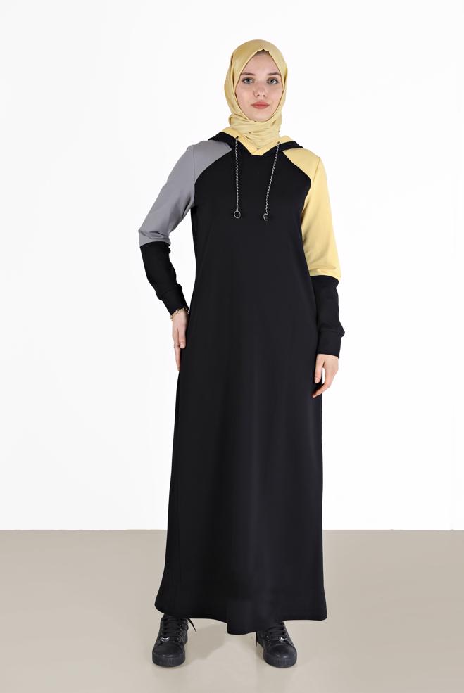 Vêtements hijab NOIR ROBE DE SURVÊTEMENT 3 COULEURS À CAPUCHE 42273 - ALVİNA