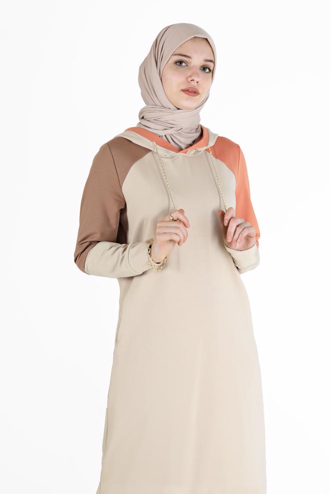 Vêtements hijab BEIGE ROBE DE SURVÊTEMENT 3 COULEURS À CAPUCHE 42273 - ALVİNA