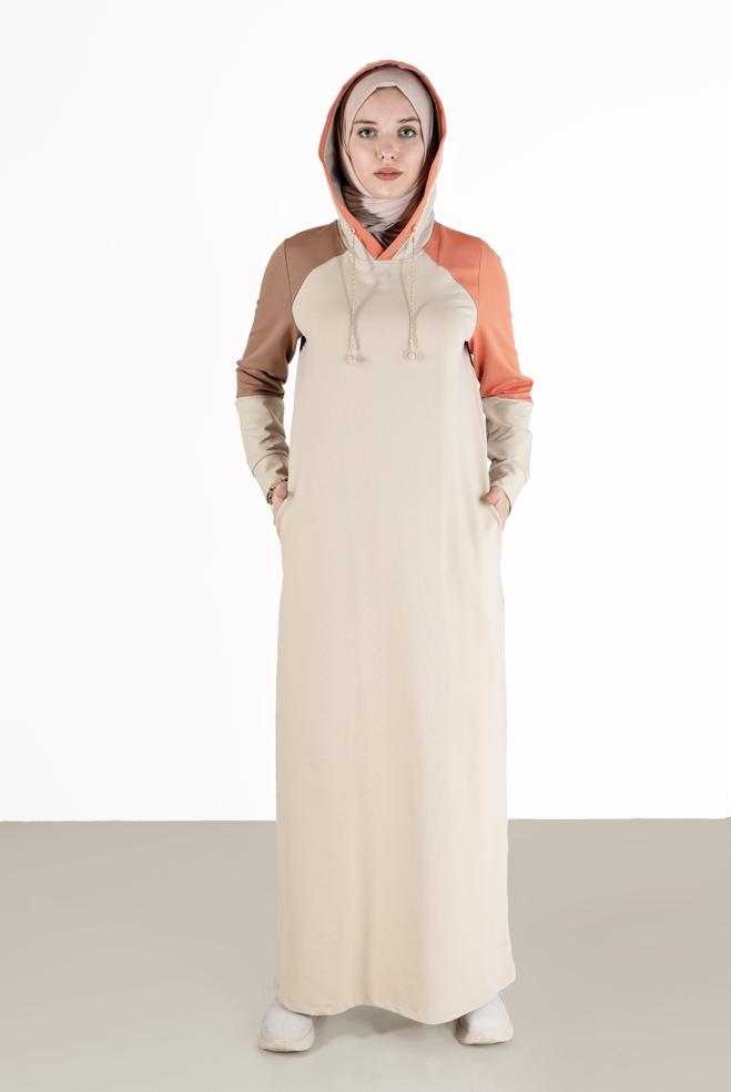 Vêtements hijab BEIGE ROBE DE SURVÊTEMENT 3 COULEURS À CAPUCHE 42273 - ALVİNA