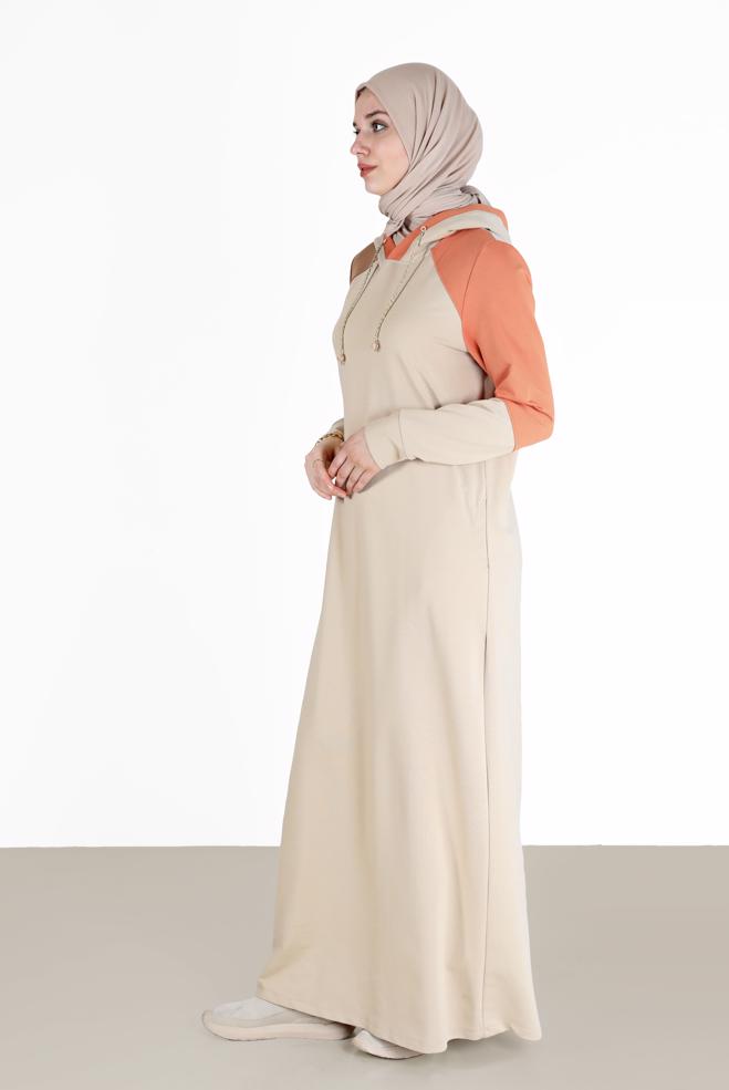 Vêtements hijab BEIGE ROBE DE SURVÊTEMENT 3 COULEURS À CAPUCHE 42273 - ALVİNA