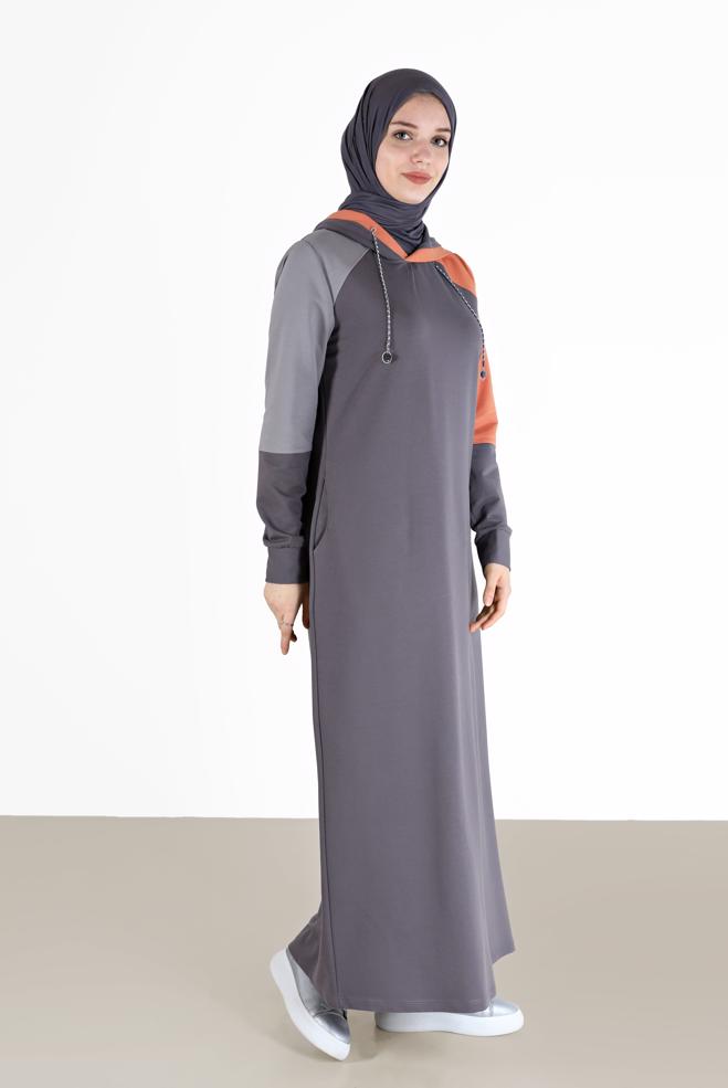 Vêtements hijab GRIS ROBE DE SURVÊTEMENT 3 COULEURS À CAPUCHE 42273 - ALVİNA