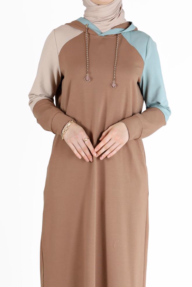 Vêtements hijab BRUN ROBE DE SURVÊTEMENT 3 COULEURS À CAPUCHE 42273 - ALVİNA
