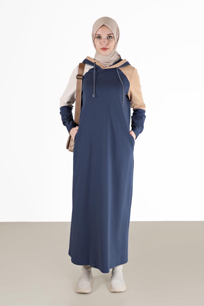 Vêtements hijab BLEU MARINE ROBE DE SURVÊTEMENT 3 COULEURS À CAPUCHE 42273 - ALVİNA