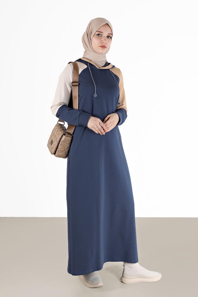 Vêtements hijab BLEU MARINE ROBE DE SURVÊTEMENT 3 COULEURS À CAPUCHE 42273 - ALVİNA