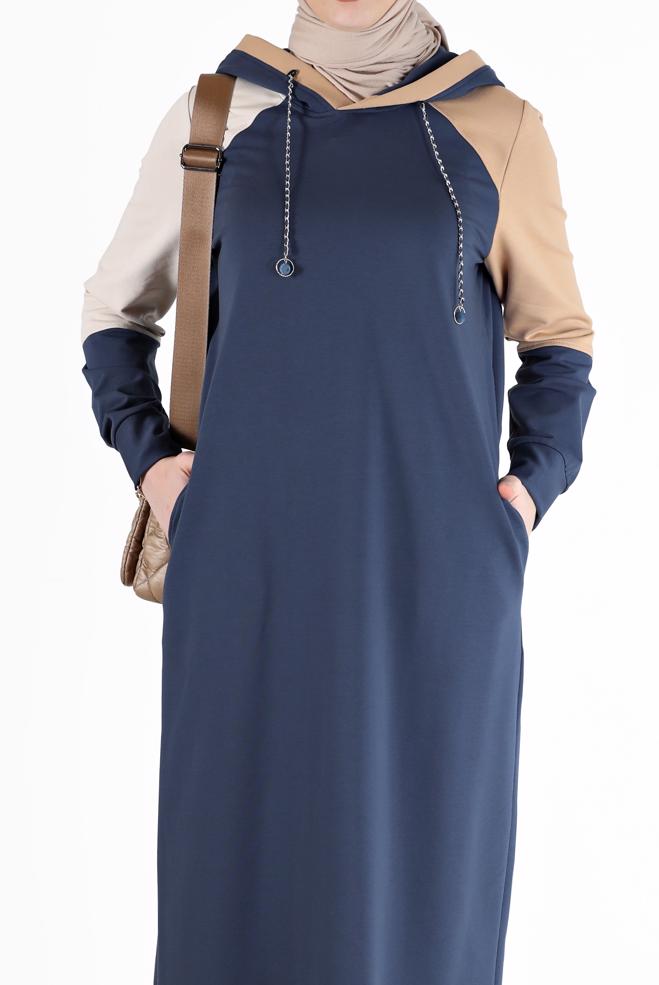 Vêtements hijab BLEU MARINE ROBE DE SURVÊTEMENT 3 COULEURS À CAPUCHE 42273 - ALVİNA
