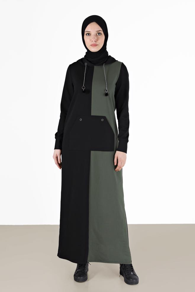 Vêtements hijab NOIR ROBE DE SURVÊTEMENT À CAPUCHE BICOLORE 42274 - ALVİNA