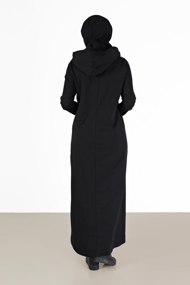 Vêtements hijab NOIR ROBE DE SURVÊTEMENT À CAPUCHE BICOLORE 42274 - ALVİNA