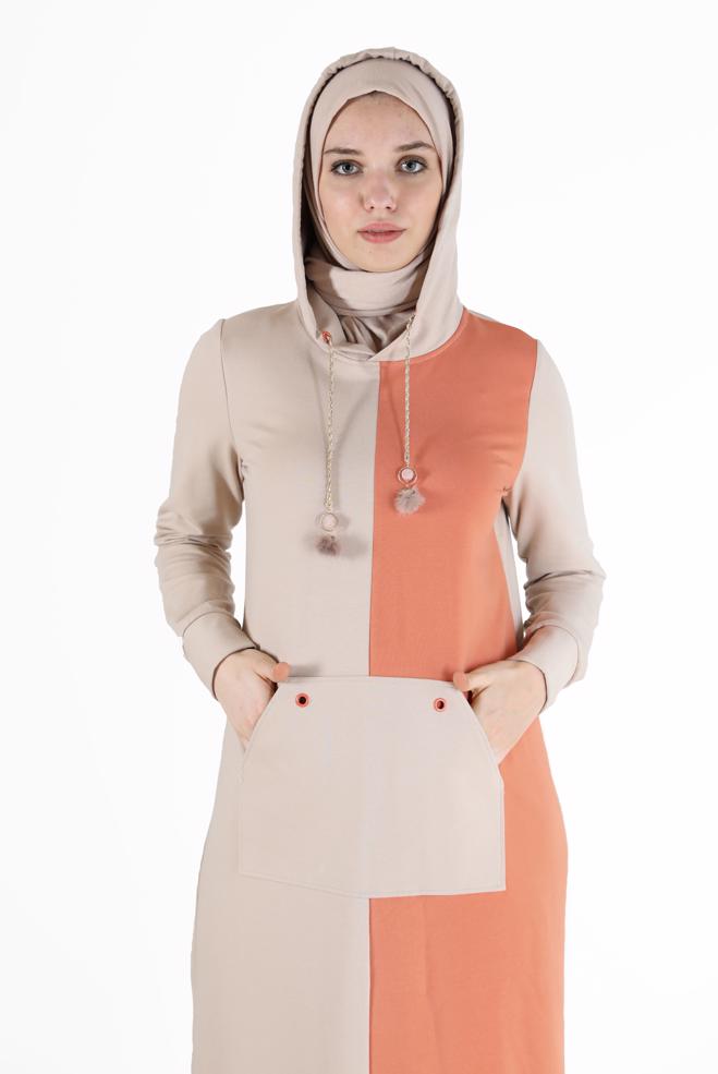 Vêtements hijab BEIGE ROBE DE SURVÊTEMENT À CAPUCHE BICOLORE 42274 - ALVİNA
