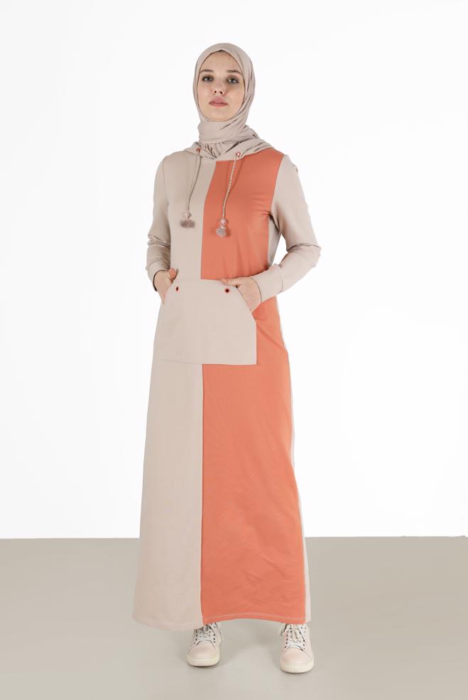 Vêtements hijab BEIGE ROBE DE SURVÊTEMENT À CAPUCHE BICOLORE 42274 - ALVİNA