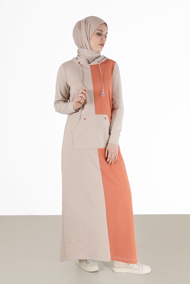 Vêtements hijab BEIGE ROBE DE SURVÊTEMENT À CAPUCHE BICOLORE 42274 - ALVİNA