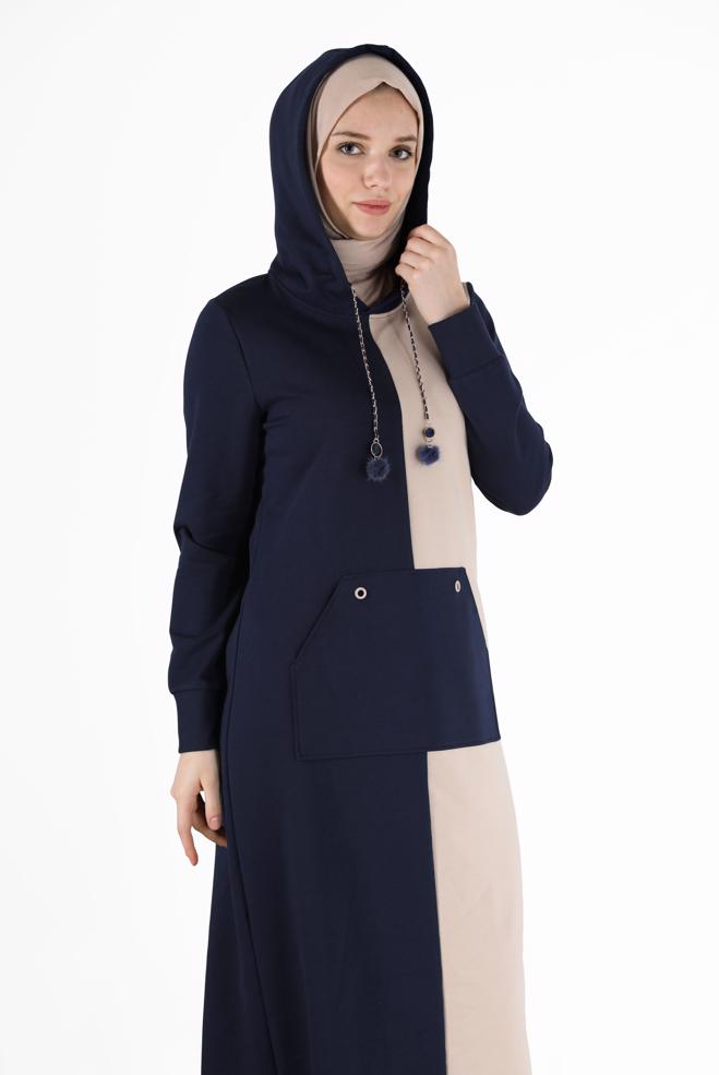 Vêtements hijab BLEU MARINE ROBE DE SURVÊTEMENT À CAPUCHE BICOLORE 42274 - ALVİNA