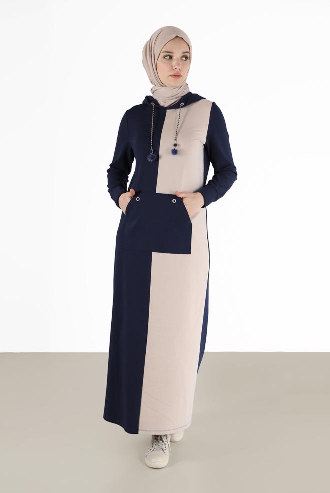 Vêtements hijab BLEU MARINE ROBE DE SURVÊTEMENT À CAPUCHE BICOLORE 42274 - ALVİNA