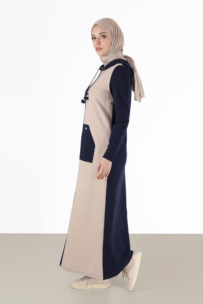 Vêtements hijab BLEU MARINE ROBE DE SURVÊTEMENT À CAPUCHE BICOLORE 42274 - ALVİNA