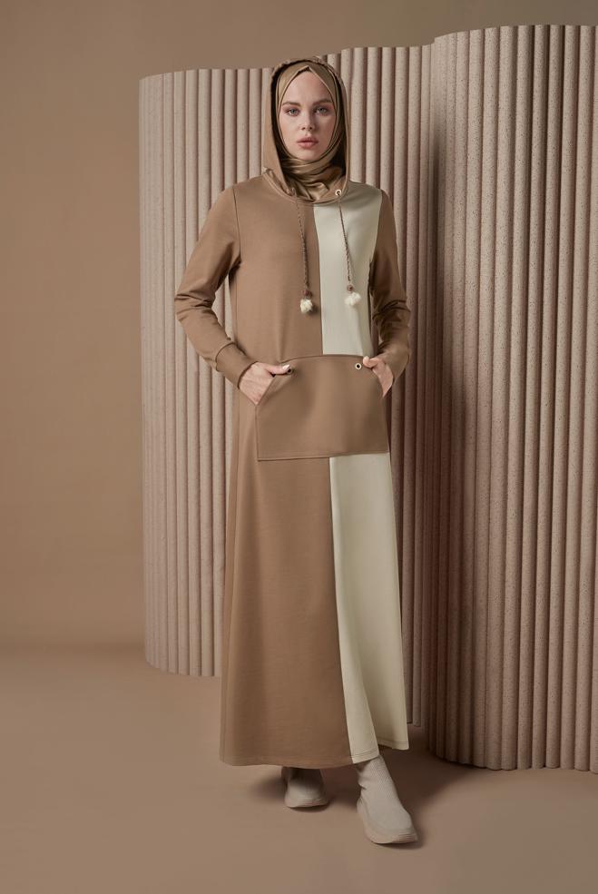 Vêtements hijab BRUN ROBE DE SURVÊTEMENT À CAPUCHE BICOLORE 42274 - ALVİNA