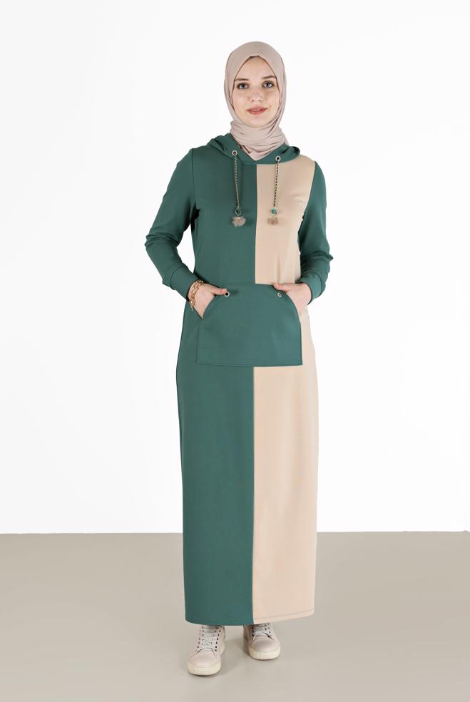 Vêtements hijab VERT ROBE DE SURVÊTEMENT À CAPUCHE BICOLORE 42274 - ALVİNA
