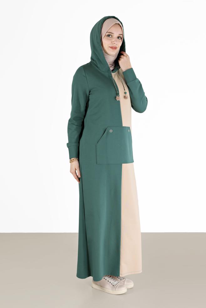 Vêtements hijab VERT ROBE DE SURVÊTEMENT À CAPUCHE BICOLORE 42274 - ALVİNA