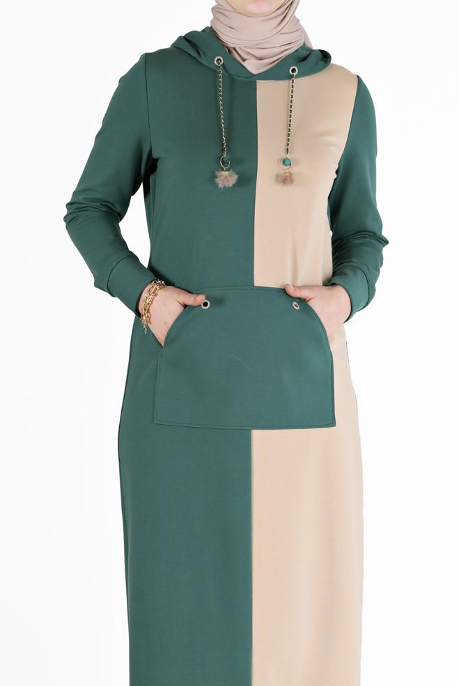 Vêtements hijab VERT ROBE DE SURVÊTEMENT À CAPUCHE BICOLORE 42274 - ALVİNA