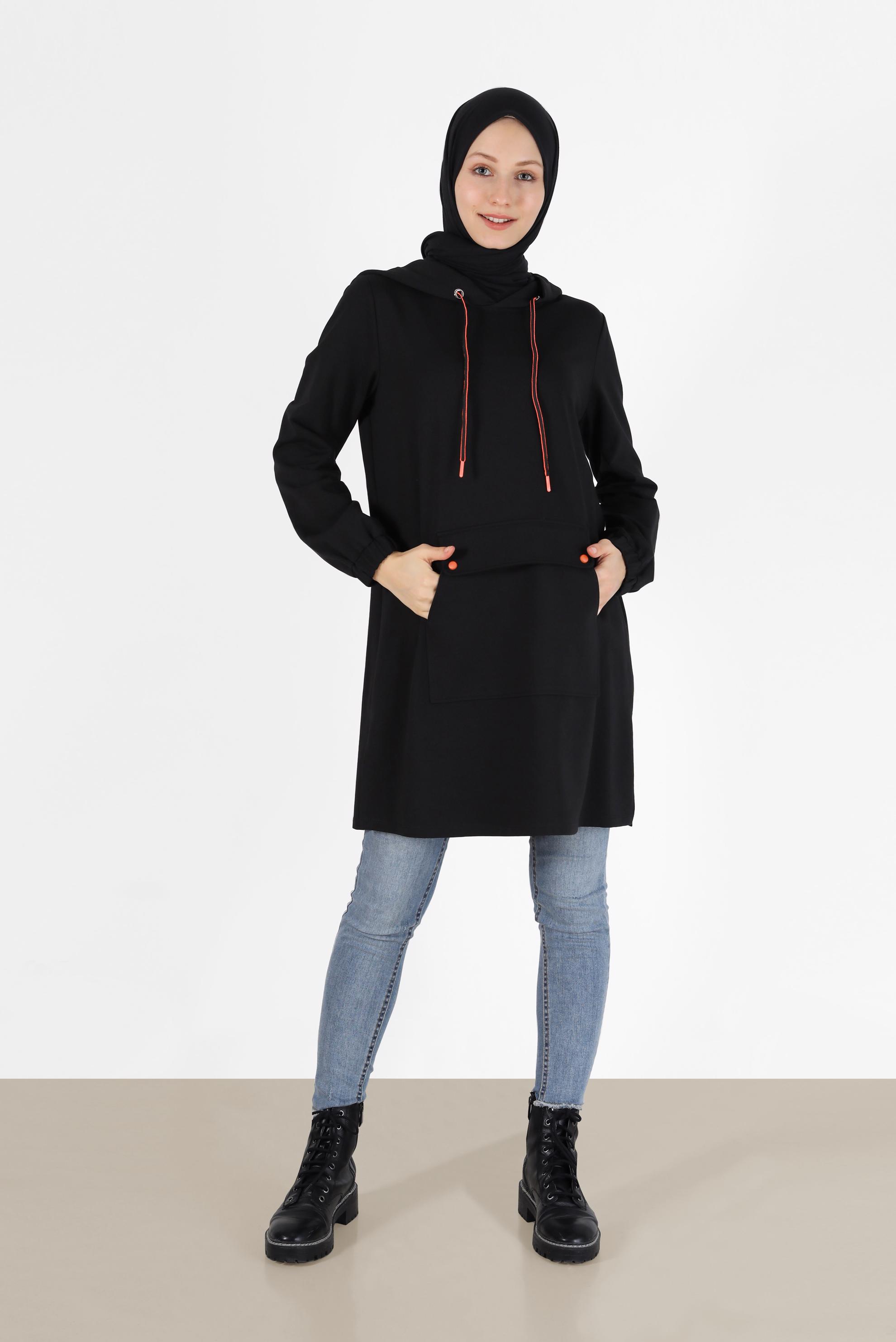 Vêtements hijab NOIR TUNIQUE DE SURVÊTEMENT À CAPUCHE AVEC POIGNETS ÉLASTIQUES 42342