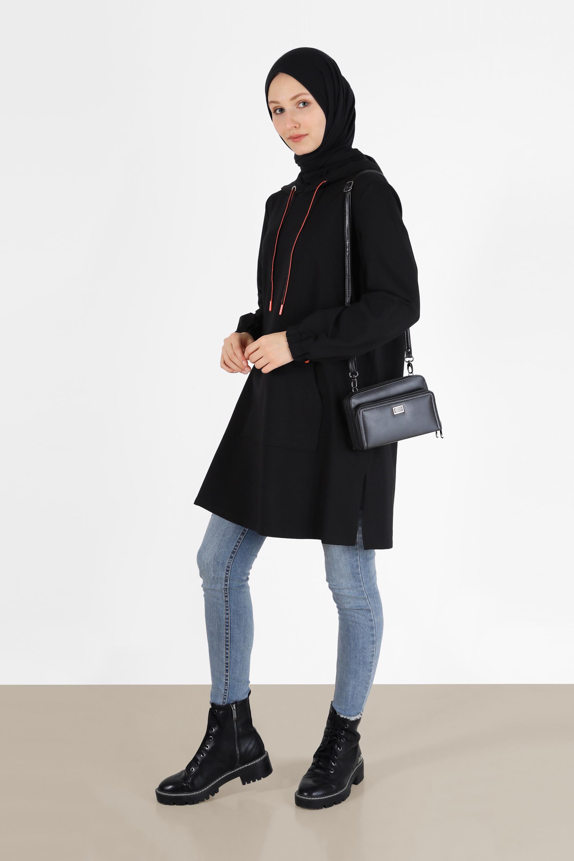 Vêtements hijab NOIR TUNIQUE DE SURVÊTEMENT À CAPUCHE AVEC POIGNETS ÉLASTIQUES 42342