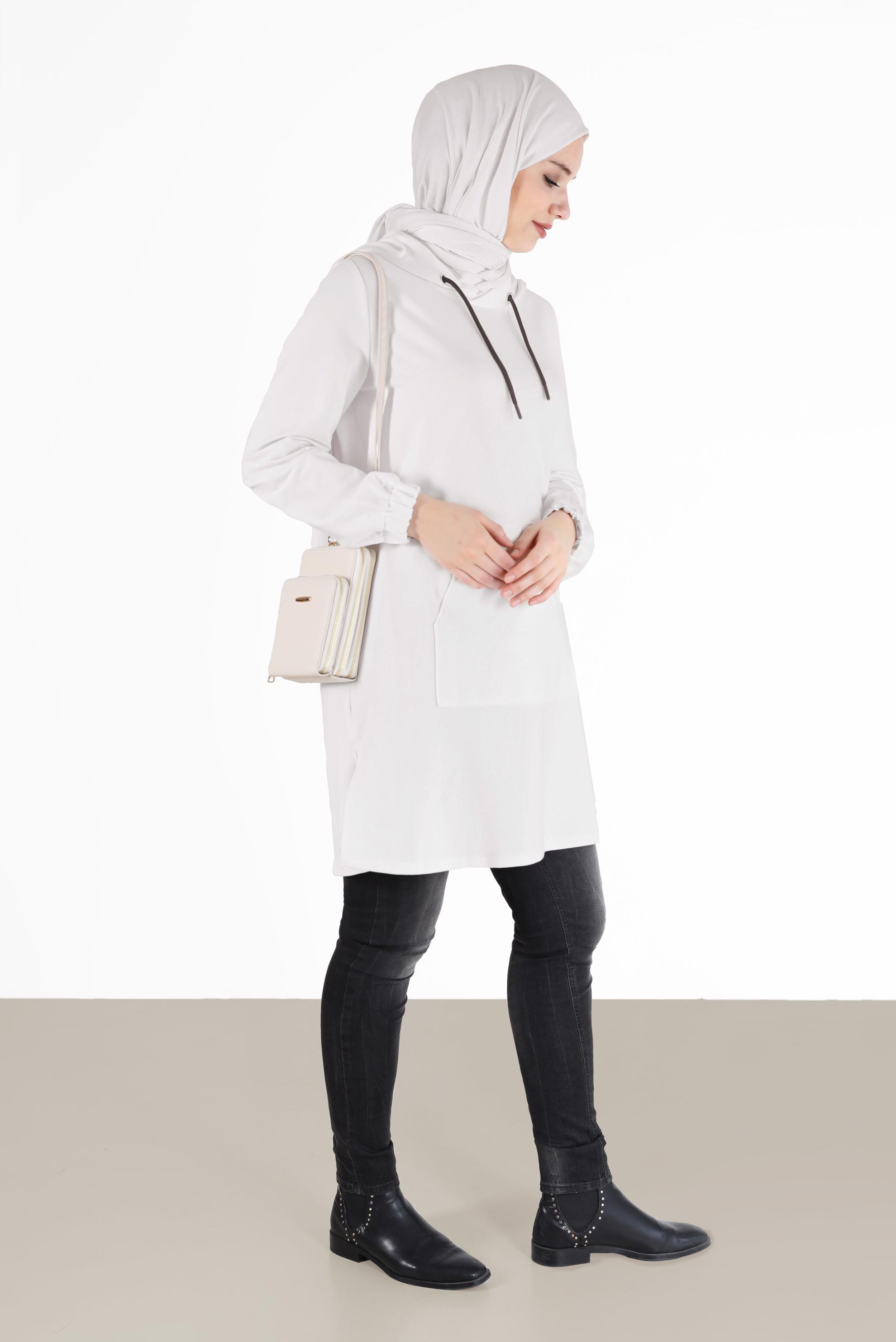 Tesettür giyim BEYAZ MANŞETLERİ LASTİKLİ KAPÜŞONLU EŞOFMAN TUNİK 42342 