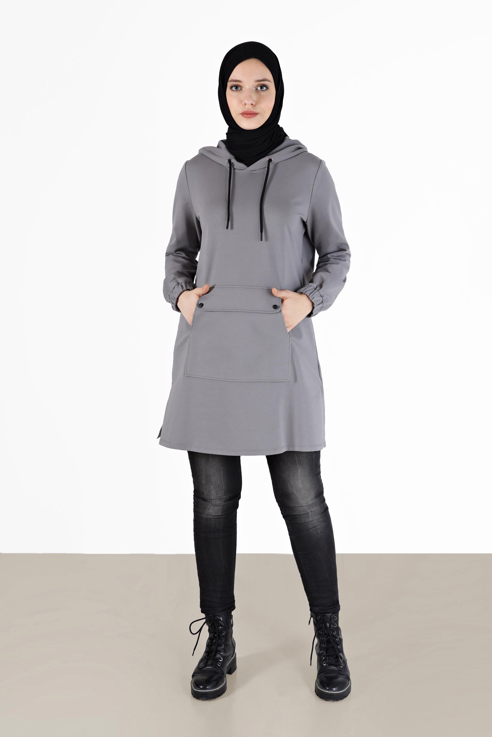 Tesettür giyim GRİ MANŞETLERİ LASTİKLİ KAPÜŞONLU EŞOFMAN TUNİK 42342 