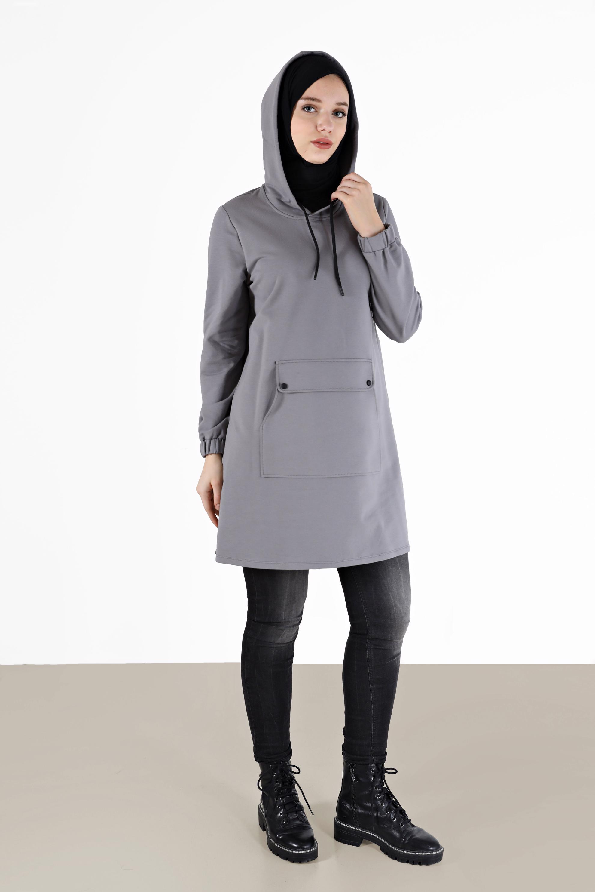 Tesettür giyim GRİ MANŞETLERİ LASTİKLİ KAPÜŞONLU EŞOFMAN TUNİK 42342 