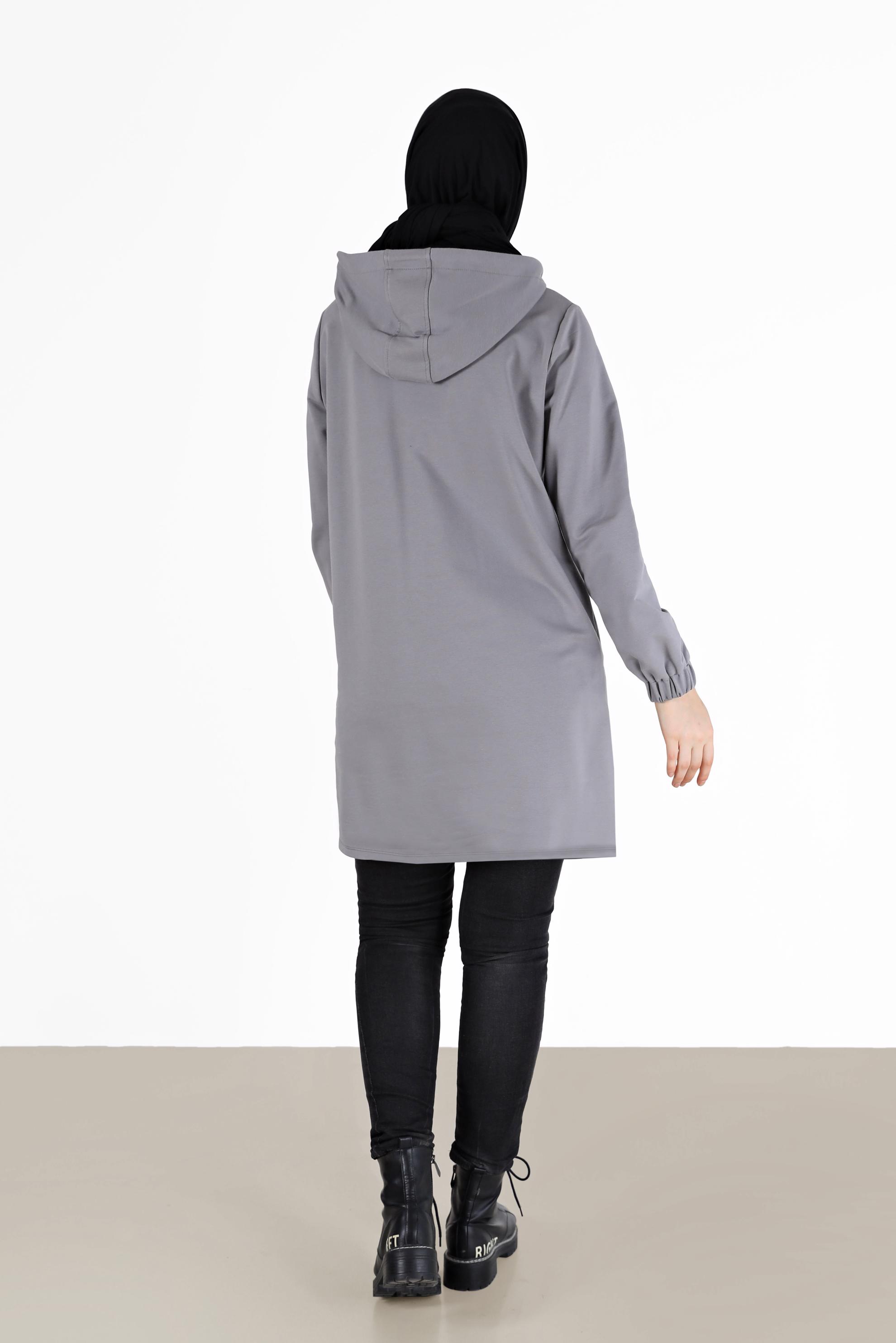 Tesettür giyim GRİ MANŞETLERİ LASTİKLİ KAPÜŞONLU EŞOFMAN TUNİK 42342 
