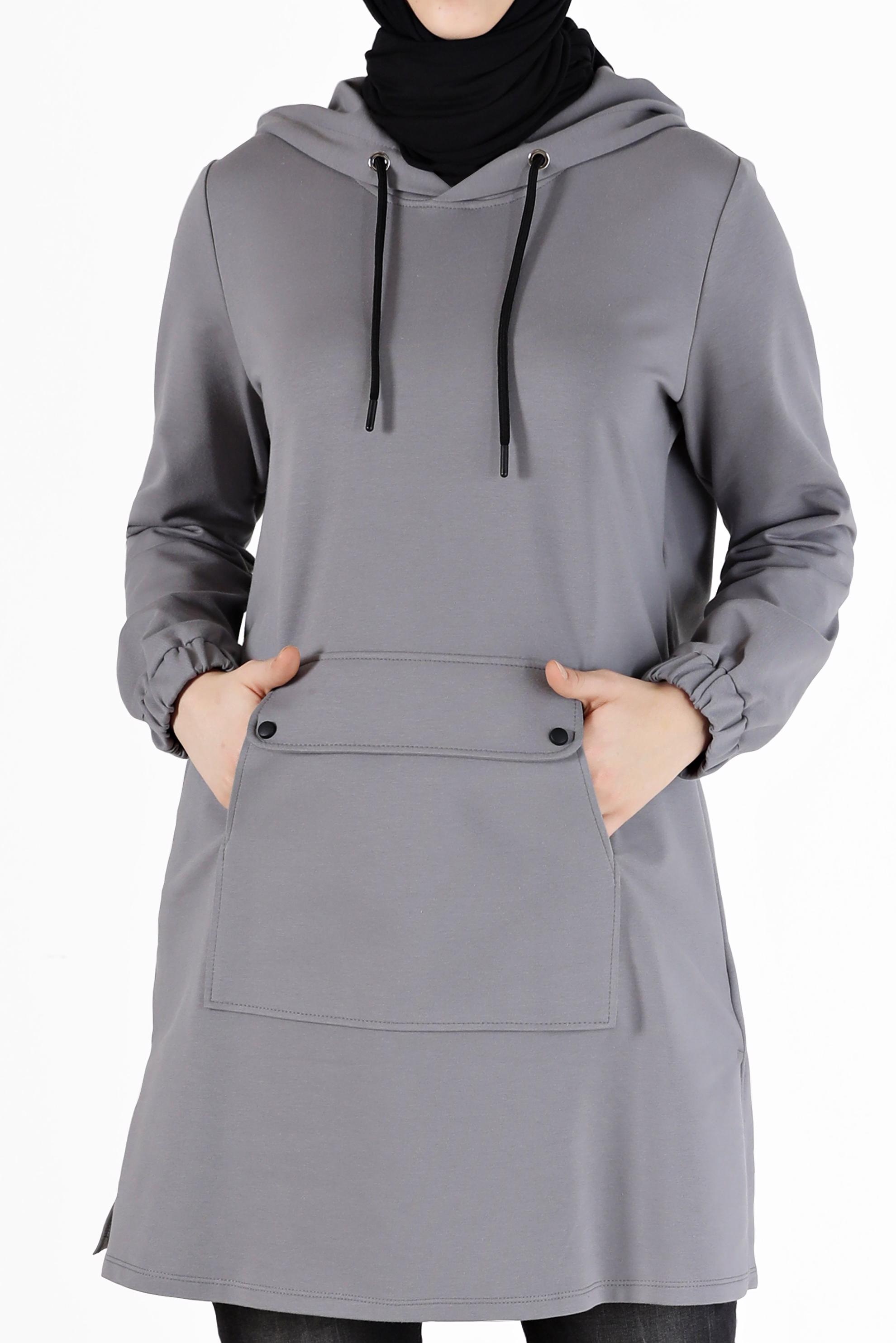 Tesettür giyim GRİ MANŞETLERİ LASTİKLİ KAPÜŞONLU EŞOFMAN TUNİK 42342 