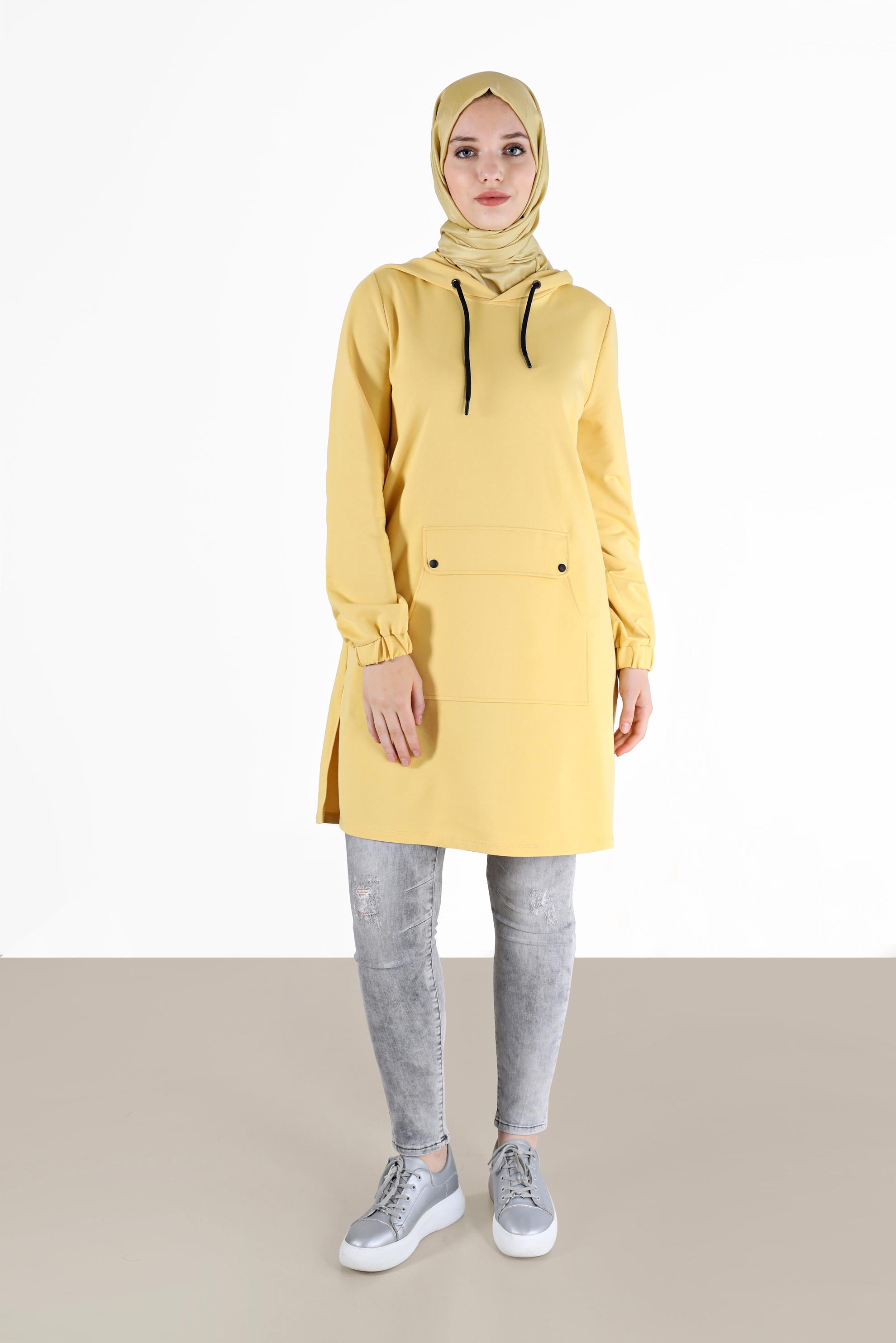 Tesettür giyim SARI MANŞETLERİ LASTİKLİ KAPÜŞONLU EŞOFMAN TUNİK 42342 