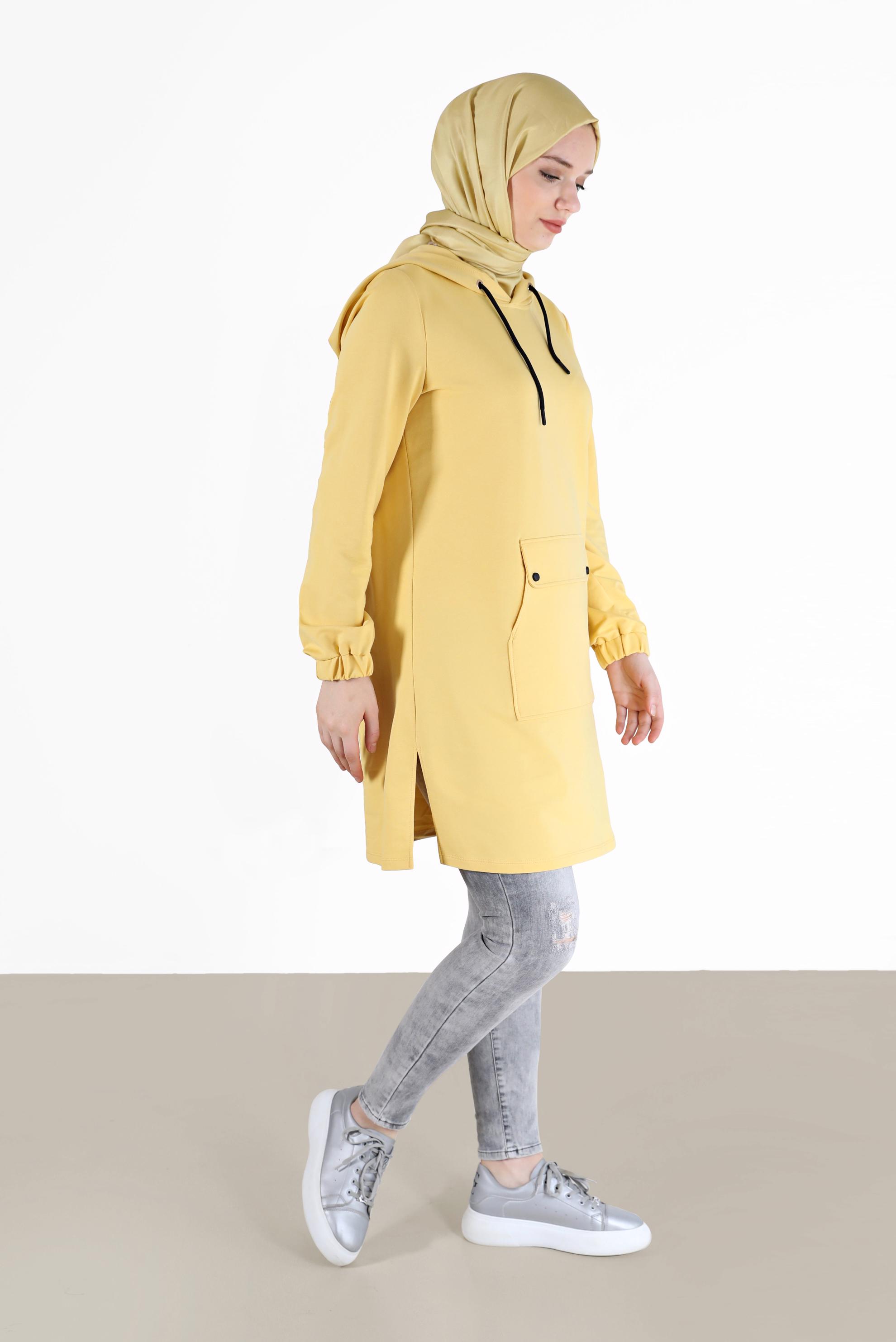 Tesettür giyim SARI MANŞETLERİ LASTİKLİ KAPÜŞONLU EŞOFMAN TUNİK 42342 