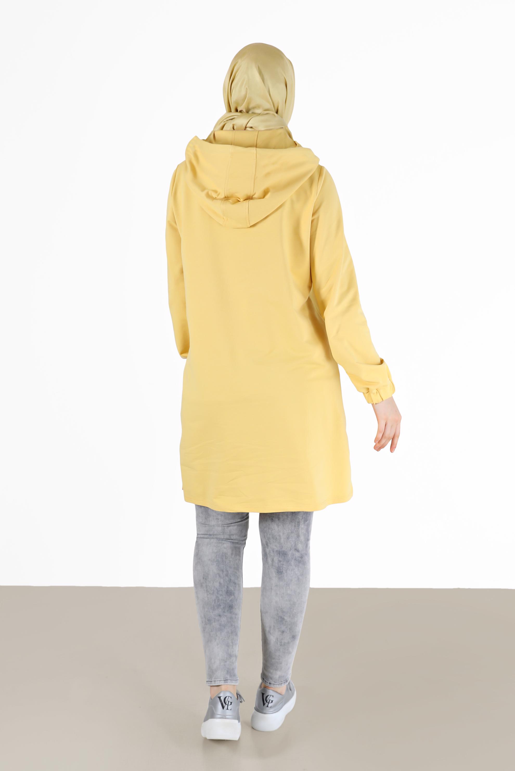 Tesettür giyim SARI MANŞETLERİ LASTİKLİ KAPÜŞONLU EŞOFMAN TUNİK 42342 