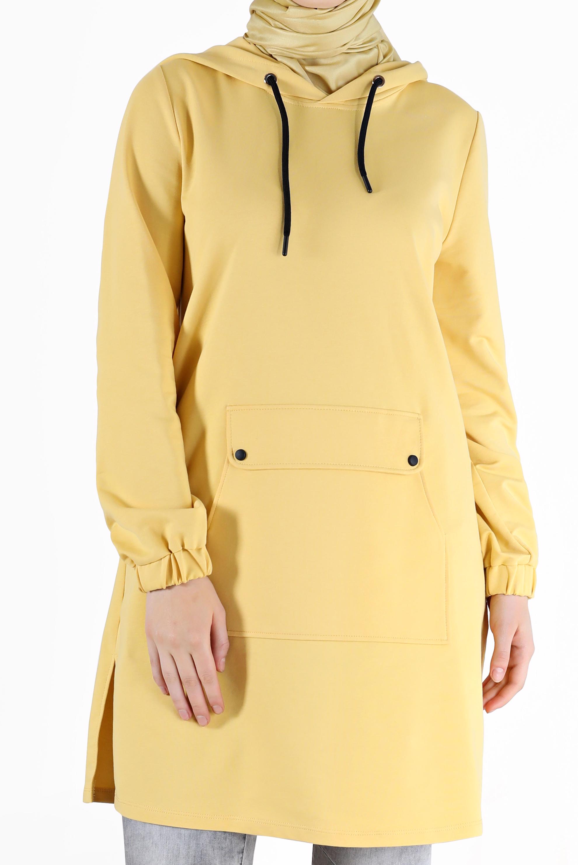Tesettür giyim SARI MANŞETLERİ LASTİKLİ KAPÜŞONLU EŞOFMAN TUNİK 42342 