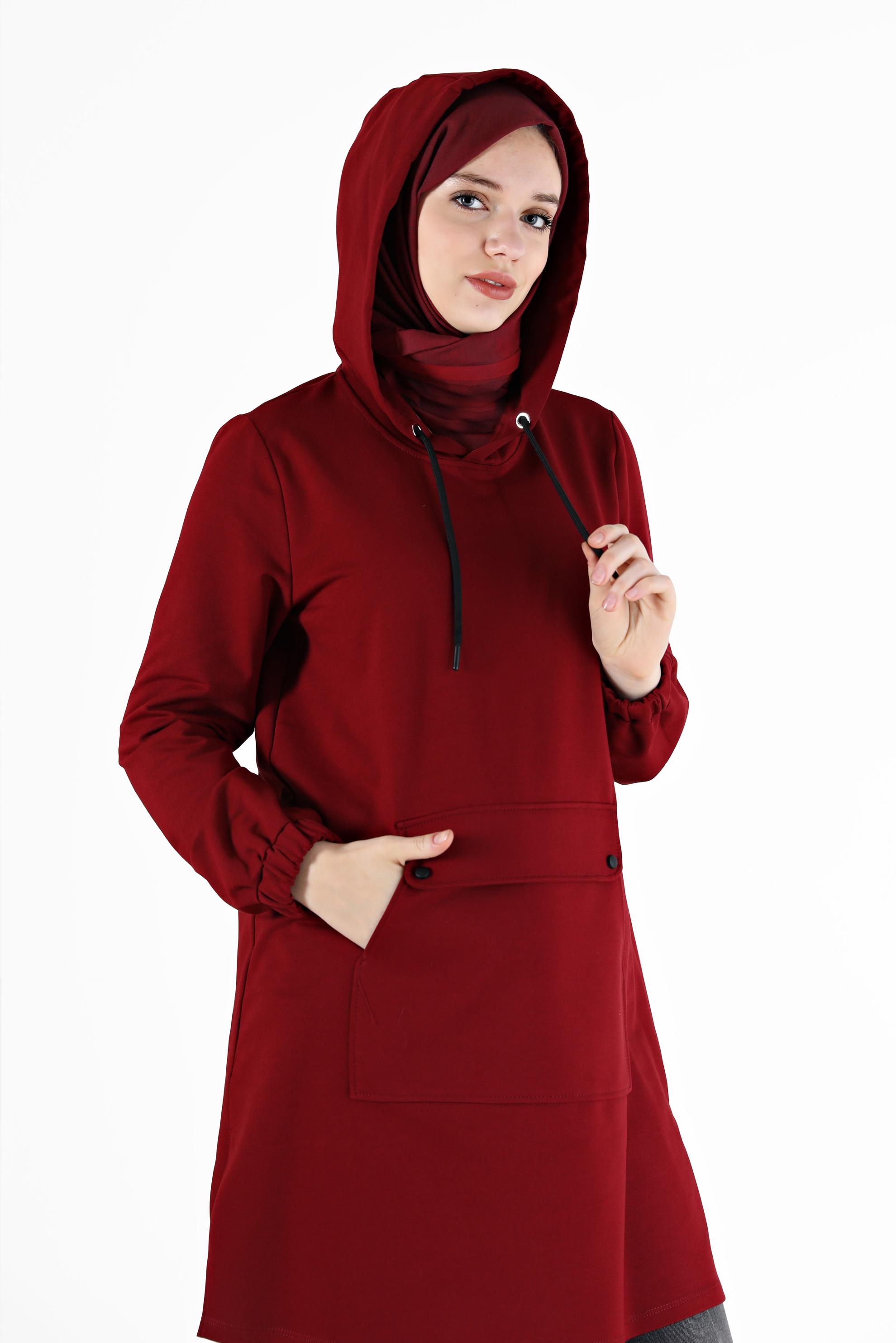 Tesettür giyim BORDO MANŞETLERİ LASTİKLİ KAPÜŞONLU EŞOFMAN TUNİK 42342 