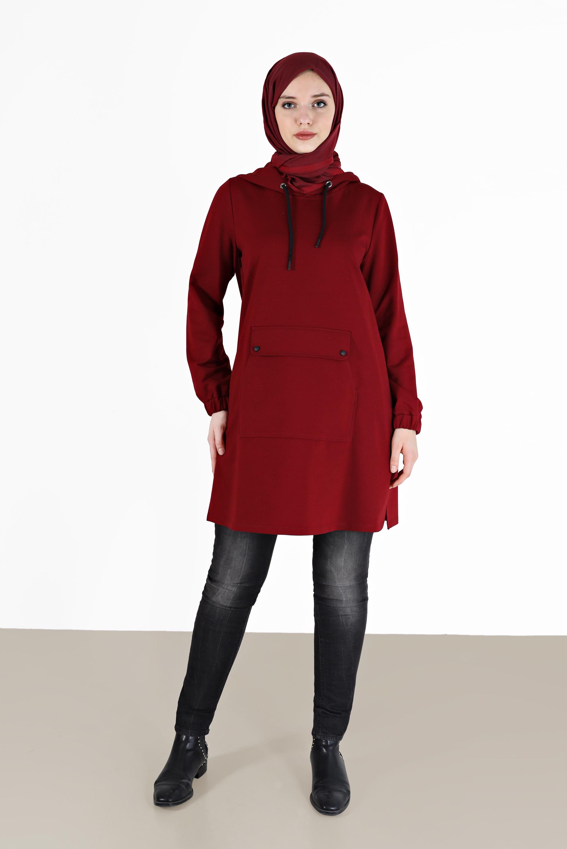 Tesettür giyim BORDO MANŞETLERİ LASTİKLİ KAPÜŞONLU EŞOFMAN TUNİK 42342 