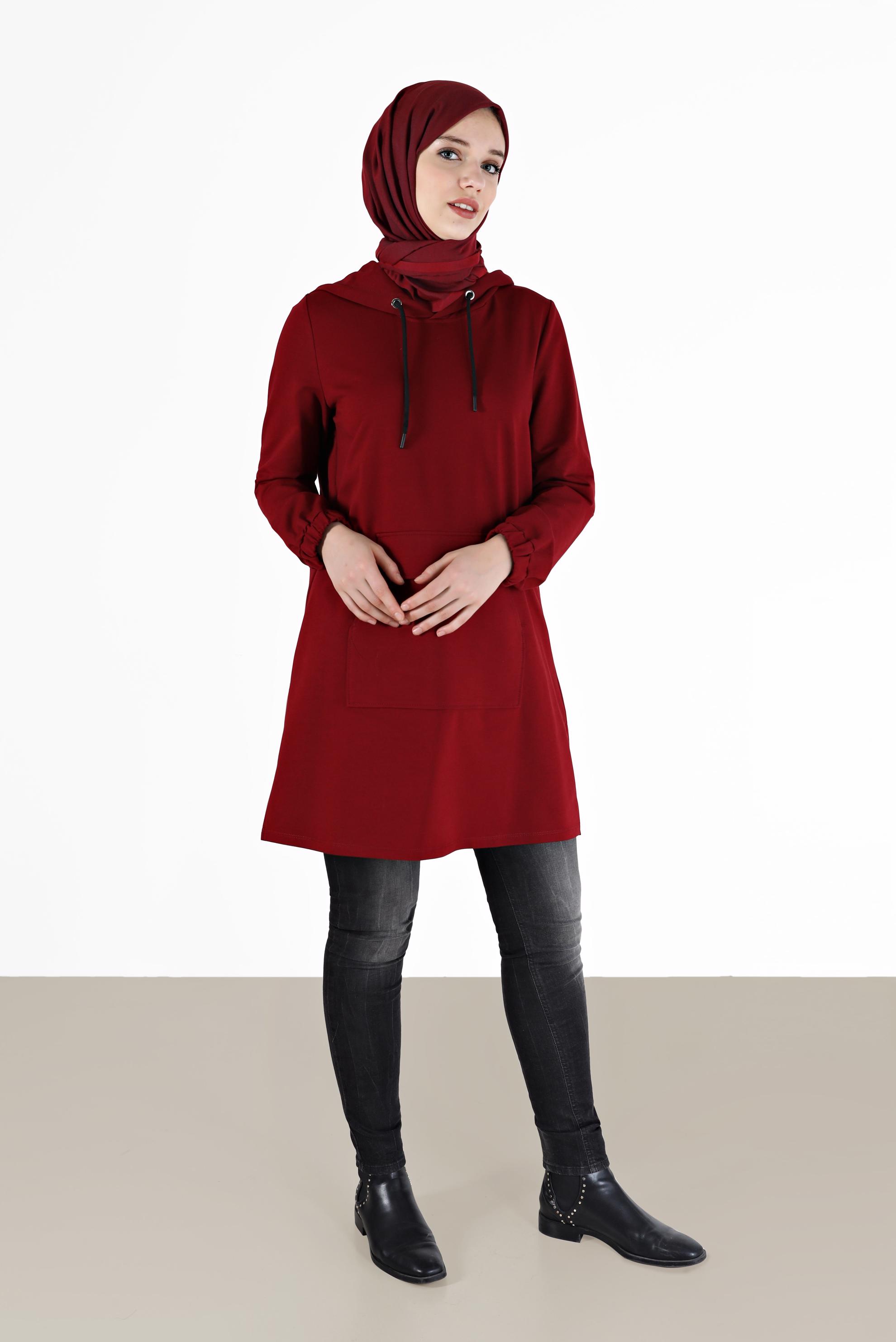 Tesettür giyim BORDO MANŞETLERİ LASTİKLİ KAPÜŞONLU EŞOFMAN TUNİK 42342 