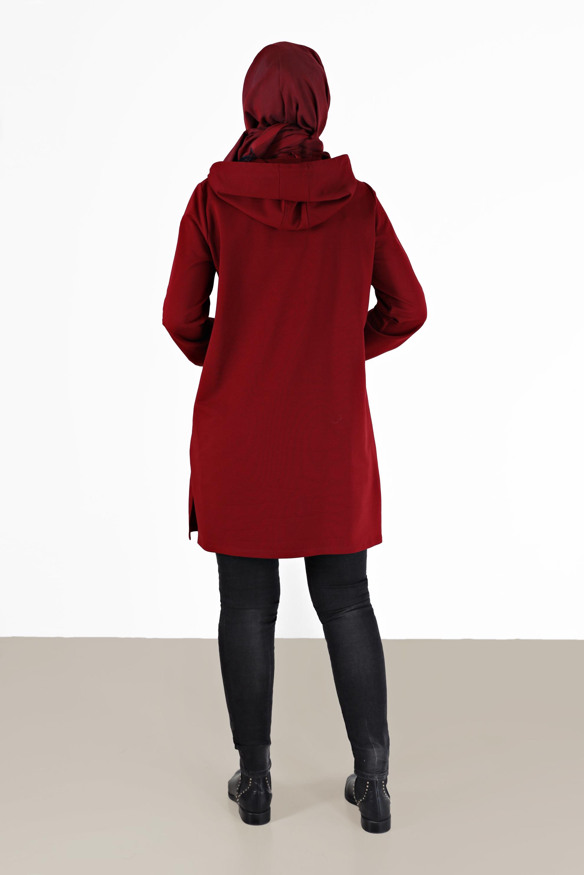 Tesettür giyim BORDO MANŞETLERİ LASTİKLİ KAPÜŞONLU EŞOFMAN TUNİK 42342 