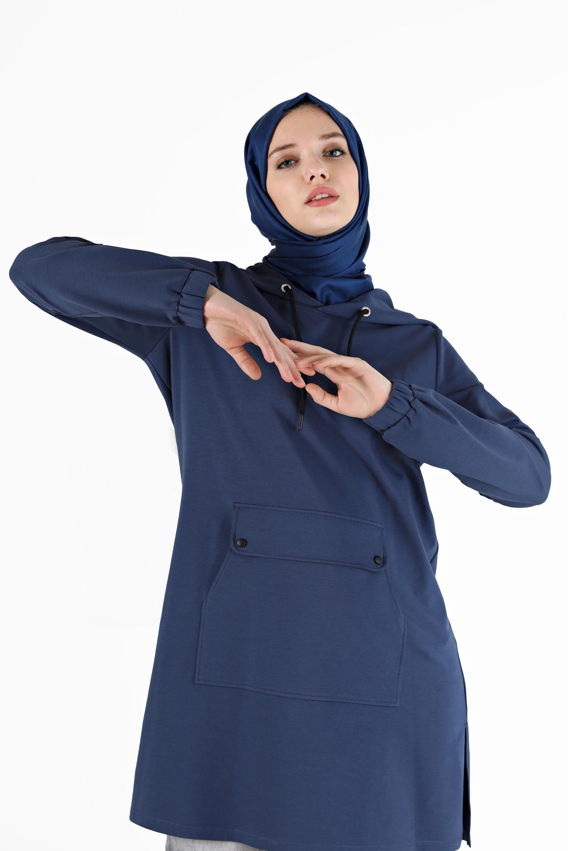 Tesettür giyim LACİVERT MANŞETLERİ LASTİKLİ KAPÜŞONLU EŞOFMAN TUNİK 42342 