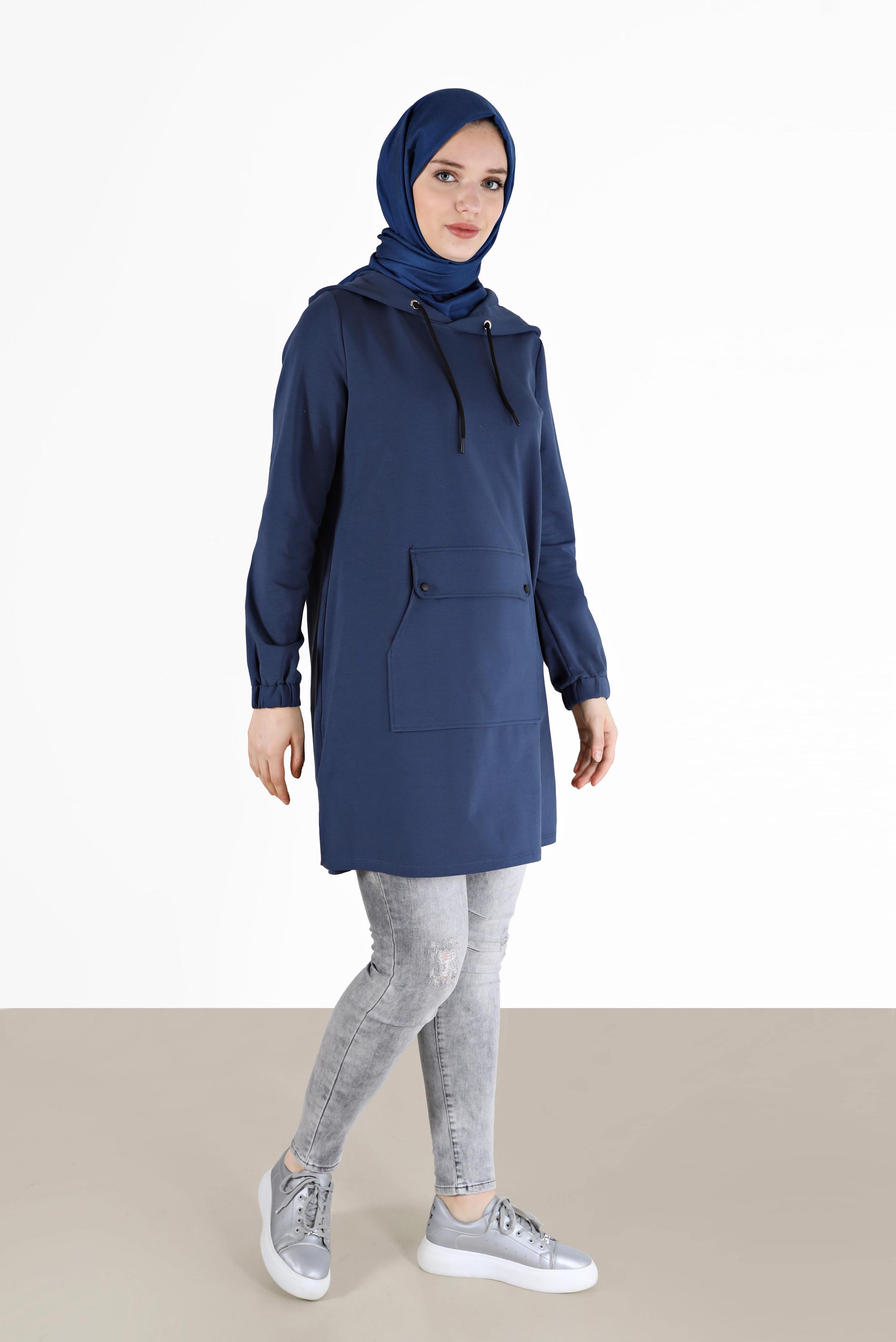 Tesettür giyim LACİVERT MANŞETLERİ LASTİKLİ KAPÜŞONLU EŞOFMAN TUNİK 42342 