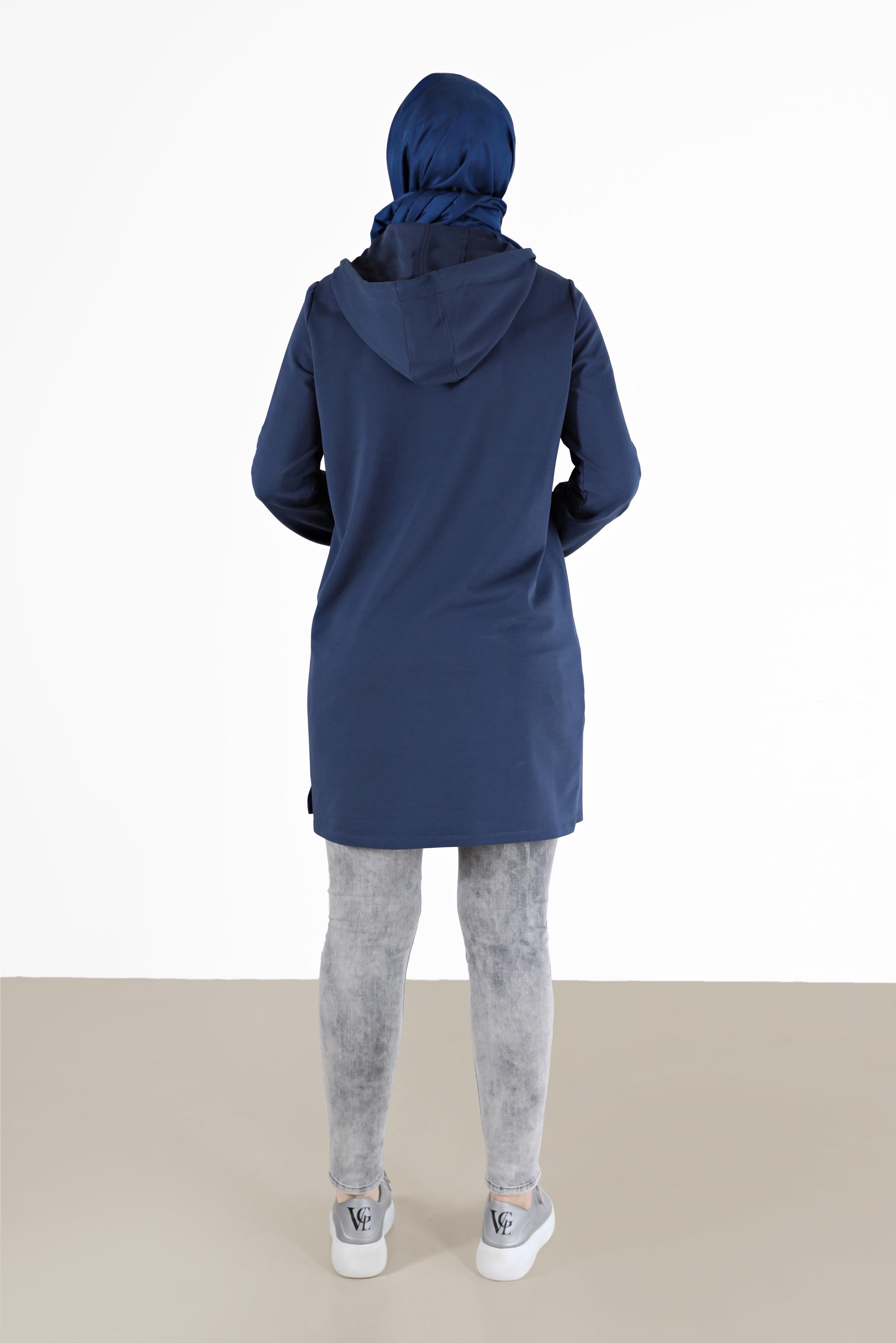 Tesettür giyim LACİVERT MANŞETLERİ LASTİKLİ KAPÜŞONLU EŞOFMAN TUNİK 42342 